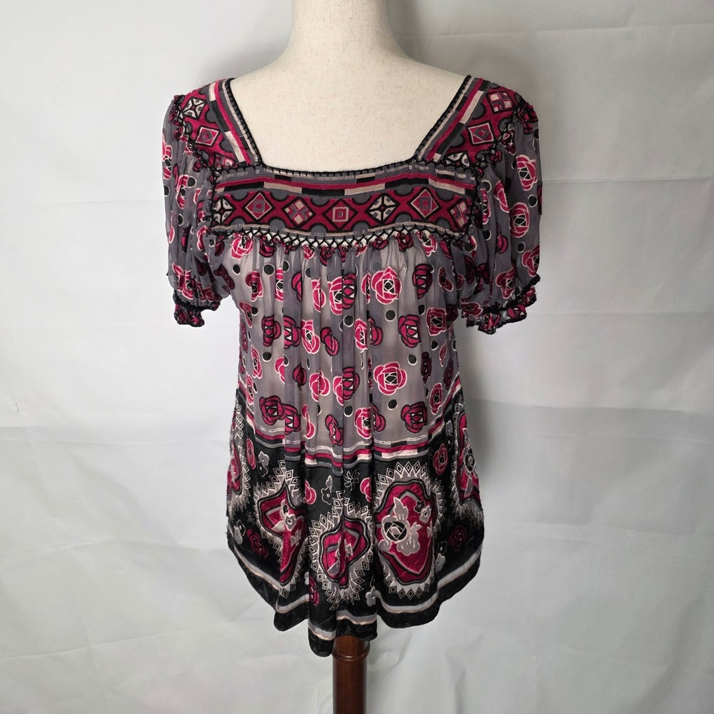 ECI New York Womens Pink Gray‎ Floral Geometric Babydoll Blouse Top Size 4 Boho